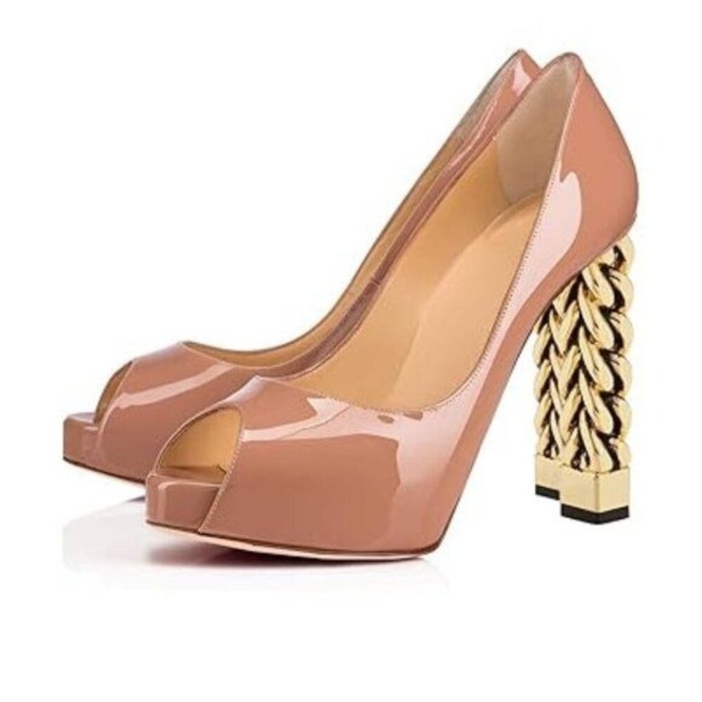 FSJ Women Peep Toe Pumps Comfort Sexy High Chunky Heels Slip On Fancy Party Shoe